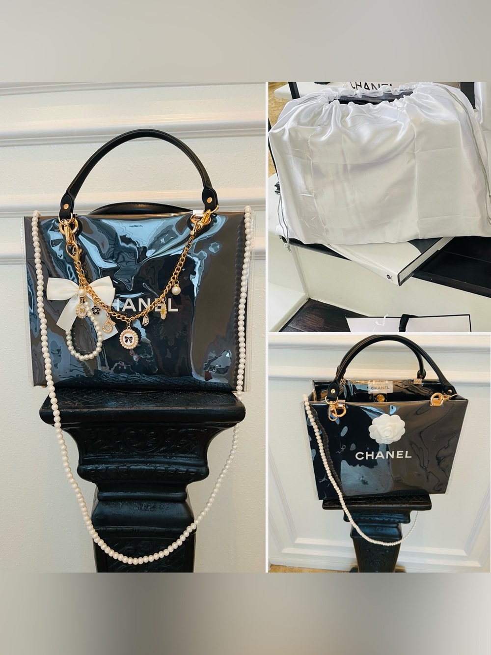 Chanel Black Medium PVC Tote with Bow and Pearl Chain